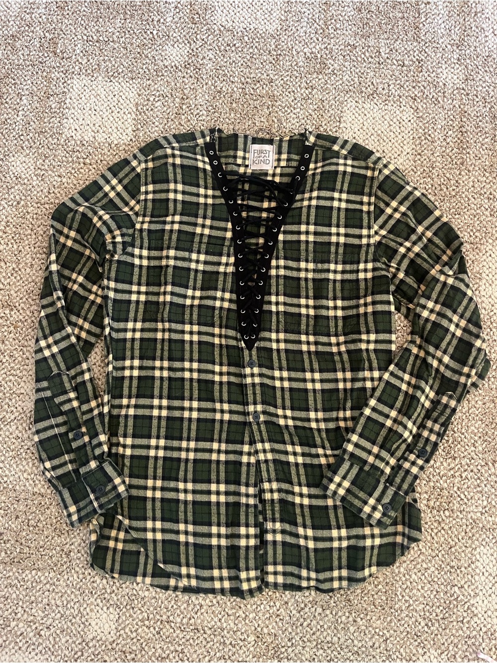 Furst Kind Green Plaid Lace-Up Button Down Shirt